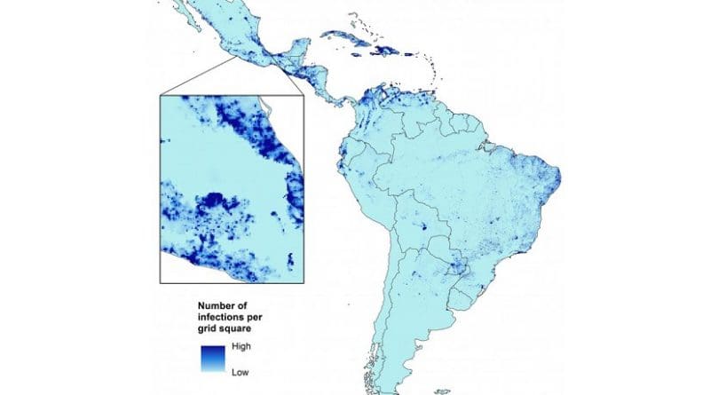 This is a map showing the projected number of Zika infections in childbearing women. Credit University of Southampton