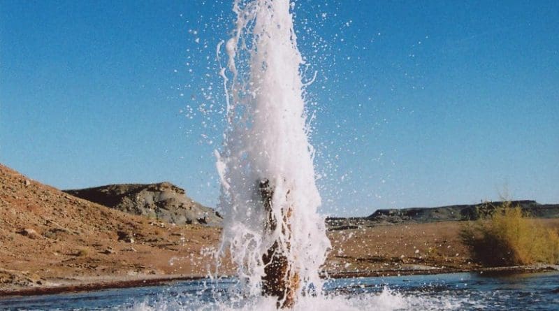 Image shows a cold water geyser driven by carbon dioxide erupting from an unplugged oil exploration well drilled in 1936 into a natural CO2 reservoir in Utah. Credit Professor Mike Bickle