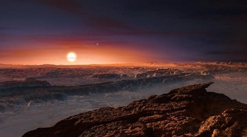 This artist's impression shows a view of the surface of the planet Proxima b orbiting the red dwarf star Proxima Centauri, the closest star to the Solar System. The double star Alpha Centauri AB also appears in the image to the upper-right of Proxima itself. Proxima b is a little more massive than the Earth and orbits in the habitable zone around Proxima Centauri, where the temperature is suitable for liquid water to exist on its surface. Credit Image is courtesy of ESO/M. Kornmesser.