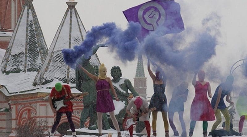 Pussy Riot performing at Lobnoye Mesto in Red Square, on January 20, 2012, Credit: Wikimedia Commons.