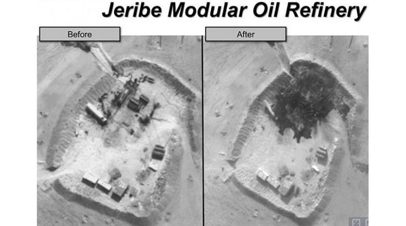 U.S. airstrike against ISIL's Jeribe modular oil refinery, September 2014. Photo Credit: DoD, Wikipedia Commons.