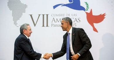 US President Barack Obama greets President Raul Castro of Cuba before their bilateral meeting. Official White House Photo