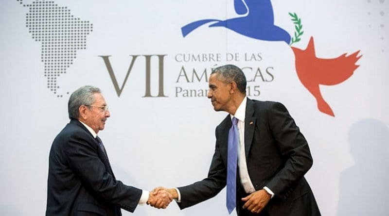 US President Barack Obama greets President Raul Castro of Cuba before their bilateral meeting. Official White House Photo