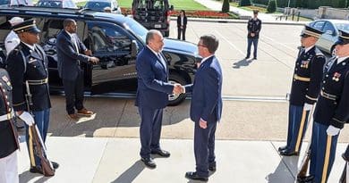 Defense Secretary Ash Carter, right, greets Israeli Defense Minister Avigdor Lieberman at the Pentagon, June 20, 2016, before a meeting to discuss the U.S.-Israel defense relationship. Carter met with Israeli Defense Minister Avigdor Lieberman on the margins of the U.K.-hosted U.N. Peacekeeping Defense Ministerial in London, Sept. 7, 2016. DoD photo by Army Sgt. 1st Class Clydell Kinchen