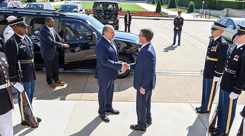 Defense Secretary Ash Carter, right, greets Israeli Defense Minister Avigdor Lieberman at the Pentagon, June 20, 2016, before a meeting to discuss the U.S.-Israel defense relationship. Carter met with Israeli Defense Minister Avigdor Lieberman on the margins of the U.K.-hosted U.N. Peacekeeping Defense Ministerial in London, Sept. 7, 2016. DoD photo by Army Sgt. 1st Class Clydell Kinchen