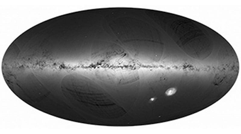 A high spatial resolution sky map based on observations by the European Space Agency's astrometry mission Gaia. The different shades of grey show the number of sources detected per unit area. The lightest areas typically correspond to 500,000 sources per square degree (roughly the size of the object Omega Cen near the center of the map). The Galaxy is clearly visible, while the dark regions where few sources are detected show, with excellent resolution, the clouds of gas and dust that absorb starlight. The striations and large, more or less oval structures are caused by Gaia scanning the sky over a period of 14 months, and will disappear in subsequent versions. © ESA/Gaia/DPAC. Image generated by: André Moitinho & Márcia Barros (CENTRA - University of Lisbon) on behalf of DPAC.