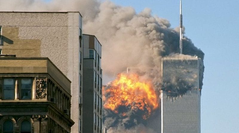 United Airlines Flight 175 crashes into the south tower of the World Trade Center complex in New York City during the September 11 attacks. Source: Wikipedia Commons.