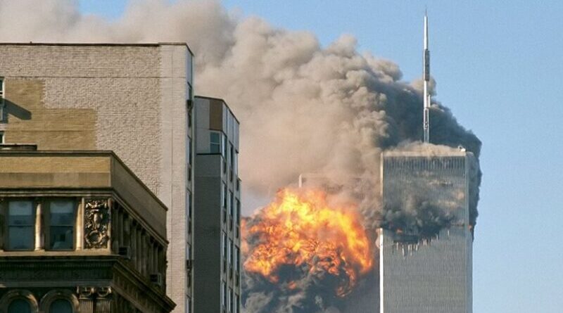 United Airlines Flight 175 crashes into the south tower of the World Trade Center complex in New York City during the September 11 attacks. Source: Wikipedia Commons.