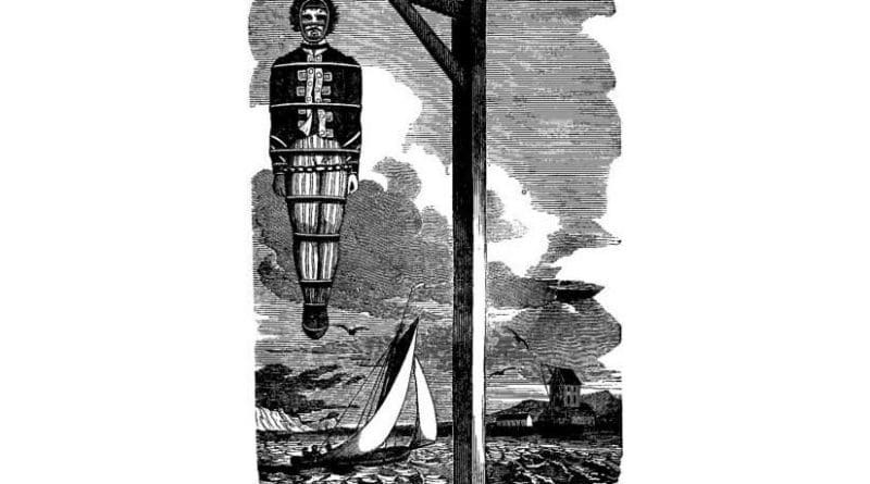 Captain Kidd, who was tried and executed for piracy, hanging in chains. Source: The Pirates Own Book, by Charles Ellms, Wikipedia Commons.