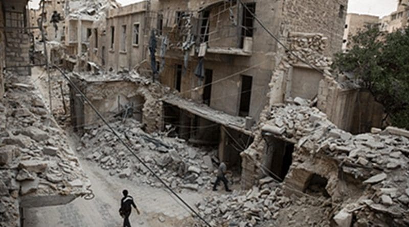 One of literally hundreds of examples in Aleppo of internationally-banned weapons which cause “superfluous injury or unnecessary suffering or which are “inherently indiscriminate” such as cluster bombs, barrel bombs, rebel ‘Hell Cannons’ or incendiary weapons. Photo: Franklin Lamb