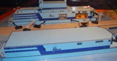Model of a proposed Russian floating nuclear plant. Source: Wikipedia Commons.