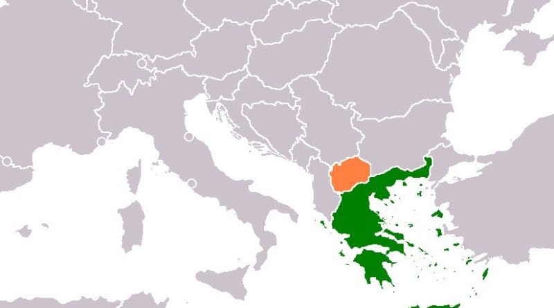 Locations of Greece (green) and Macedonia. Source: Wikipedia Commons.
