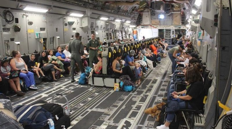 Families from Naval Station Guantanamo Bay, Cuba, settle into their seats aboard a Boeing C-17A Globemaster III aircraft for evacuation ahead of Hurricane Matthew, Oct. 2, 2016. About 700 spouses, children and pets were evacuated to Naval Air Station Pensacola, Fla., until the hurricane passes. Base tenant commands and 4,800 personnel remain to continue preparations for the storm. Hurricane condition of Readiness 2 was set base wide in preparation for destructive winds within 24 hours. Army photo by Capt. Frederick H. Agee