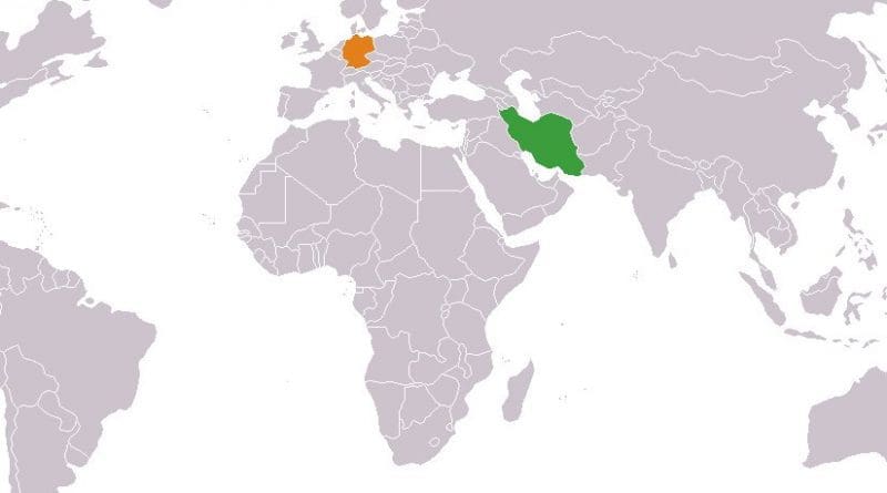 Locations of Germany (orange) and Iran. Source: Wikipedia Commons.