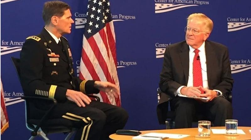 Army Gen. Joseph L. Votel, commander of U.S. Central Command, discusses the strategy to counter the Islamic State of Iraq and the Levant and other regional issues with former Deputy Defense Secretary Rudy DeLeon at the Center for American Progress in Washington, Oct. 19, 2016. DoD photo by Jim Garamone