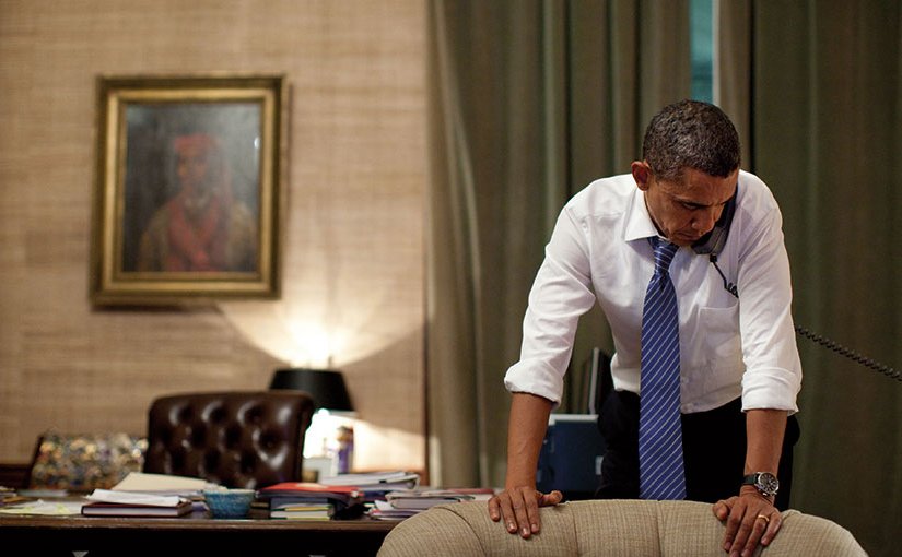 President Obama talks with President Lee Myung-bak of South Korea in Treaty Room Office in Residence of White House, November 23, 2010, after North Korea conducted artillery attack against South Korean island of Yeonpyeong (White House/Pete Souza)