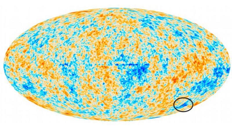 The cosmic microwave background over the whole sky, with the unusual ‘Cold Spot’ feature circled at the lower right.