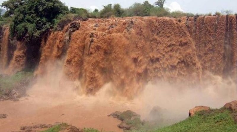 Water gushes over falls in the Blue Nile River Basin in Ethiopia. Virginia Tech researchers recently found that the region may benefit from increased water availability due to climate change. Credit Zach Easton