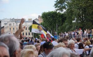 July 15, 2014, World Choir Games, Riga, Latvia. Choir from Russia displays imperial flag with inscription, “We are Russians. God is with us”.