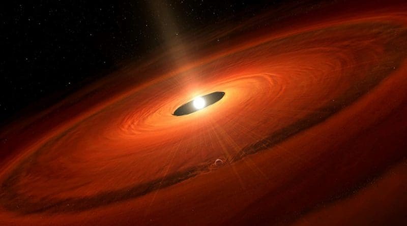 Artist's impression of the dust disk and a forming planet around TW Hydrae. Credit NAOJ