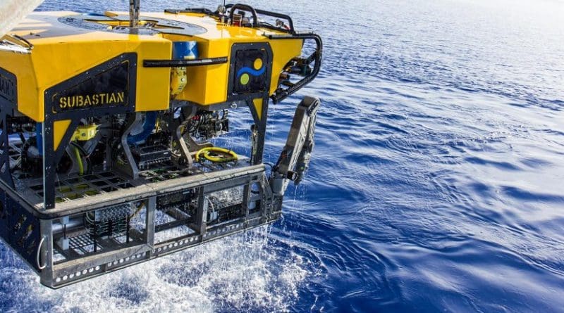ROV SuBastian, a new eco-friendly 3,100 kg (6,500 pound) deep-sea research platform for the Schmidt Ocean Institute's R/V Falkor, equipped with ultra high-resolution 4K cameras, mechanical arms that move seven ways and can sample to depths of 4,500 meters (2.8 miles), with a lighting system equivalent to the lamps of 150 car high-beams. SuBastian will make its first science cruise in December, in the Mariana Back-Arc in the western Pacific. Credit: Schmidt Ocean Institute