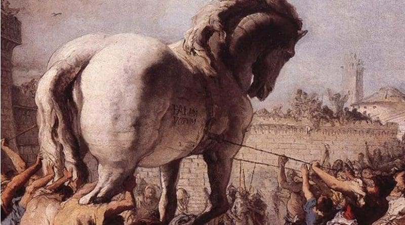 Detail from The Procession of the Trojan Horse in Troy by Domenico Tiepolo (1773), inspired by Virgil's Aeneid. Source: Wikipedia Commons.