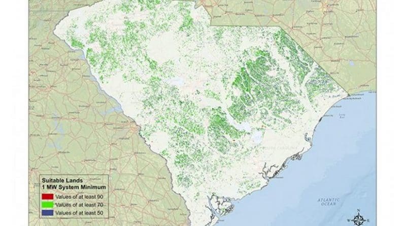 One of the maps that the Clemson University team created shows the best places in South Carolina for building one-megawatt developments. Credit Clemson University