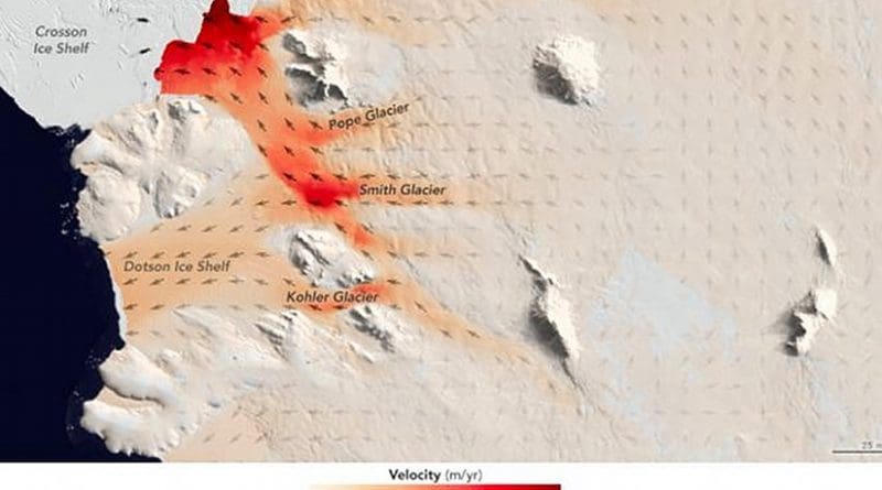For a pair of recent studies, UCI and NASA JPL scientists examined three neighboring glaciers in West Antarctica that are melting and retreating at different rates. The Smith, Pope and Kohler glaciers flow into the Dotson and Crosson ice shelves in the Amundsen Sea embayment in West Antarctica, the part of the continent with the largest loss of ice mass. Credit NASA JPL