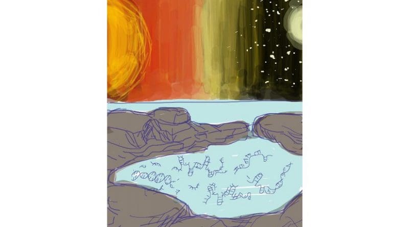 Gene puddle primeval, a drawing by first author Christine He illustrates her discovery that viscosity moves spontaneous gene strand copying forward. Credit Georgia Tech / Christine He