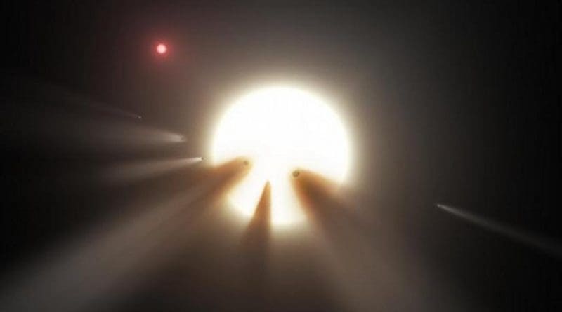 This artist's conception shows a star behind a shattered comet. One of the theories for KIC 8462852's unusual dimming is the presence of debris from a collision or breakup of a planet or comet in the star's system, creating a short-term cloud that blocks some starlight. Credit Image is courtesy of NASA/JPL-Caltech.