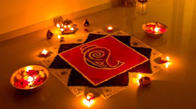 Rangoli decorations, made using coloured powder, are popular during Diwali. Photo by Subharnab Majumdar, Wikipedia Commons.