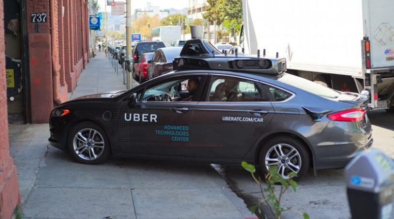 Uber autonomous vehicle testing in San Francisco in October 2016. Photo by Dllu, Wikipedia Commons.