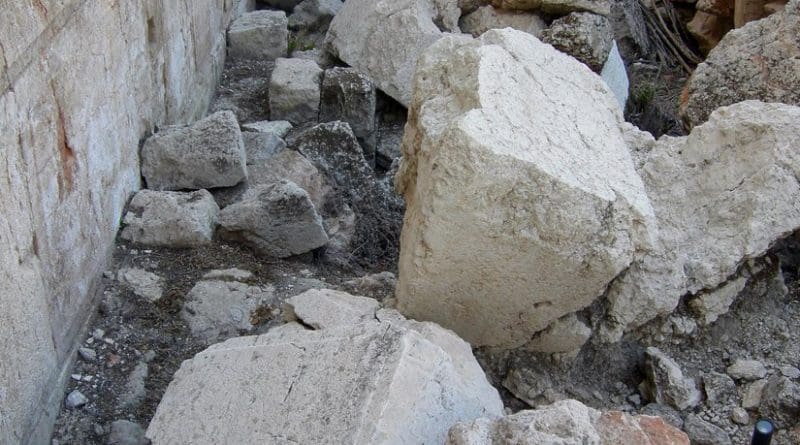 Stones from the Western Wall of the Temple Mount (Jerusalem) thrown onto the street by Roman soldiers on the Ninth of Av, 70. Photo by Wilson44691, Wikipedia Commons.