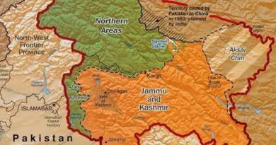 The LoC Disputed Territory: Shown in green is Kashmiri region under Pakistani control. The orange-brown region represents Indian-controlled Jammu and Kashmir while the Aksai Chin is under Chinese control. Credit: CIA World Factbook.