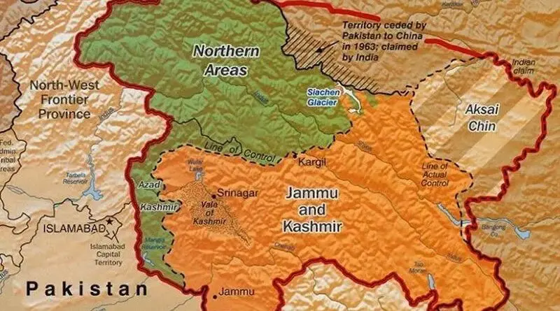 The LoC Disputed Territory: Shown in green is Kashmiri region under Pakistani control. The orange-brown region represents Indian-controlled Jammu and Kashmir while the Aksai Chin is under Chinese control. Credit: CIA World Factbook.