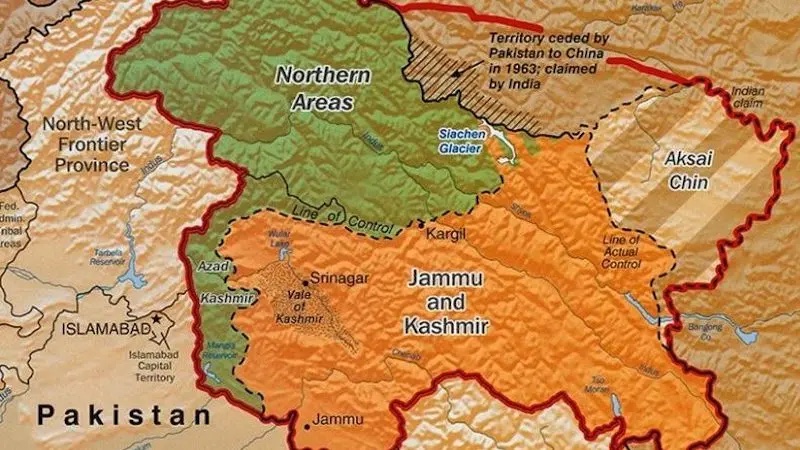 The LoC Disputed Territory: Shown in green is Kashmiri region under Pakistani control. The orange-brown region represents Indian-controlled Jammu and Kashmir while the Aksai Chin is under Chinese control. Credit: CIA World Factbook.