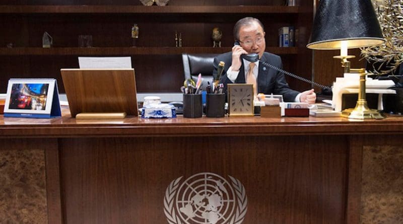 UN Secretary-General Ban Ki-moon speaks by phone with Donald Trump, President-elect of the United States on 11 November 2016. Photo via IDN.