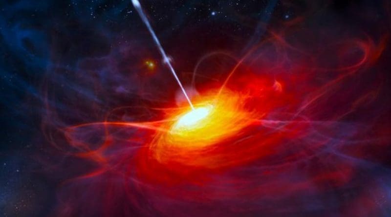 An artist's impression shows a very distant quasar powered by a black hole with a mass two billion times that of the Sun. Credit ESO/M. Kornmesser