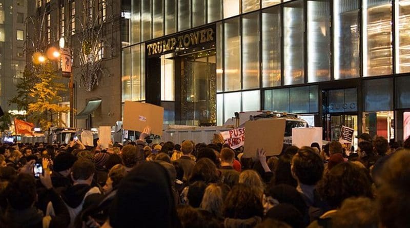 A large anti-Trump protest formed on November 9 spanning several blocks along Manhattan's 5th Avenue, centered on Trump Tower. Photo by Rhododendrites, Wikipedia Commons.