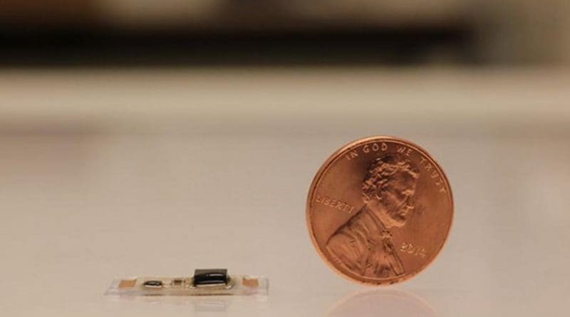 A tiny, wearable acoustic sensor developed by researchers can be used to monitor heart health and recognize spoken words. Credit Northwestern University, University of Colorado Boulder