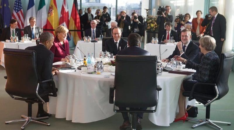 US President Barack Obama with Germany's Chancellor Angela Merkel, France's President François Hollande, Italy's Prime Minister Matteo Renzi, Spain's PM Mariano Rajoy, and United Kingdom's Prime Minister Theresa May. Photo Credit: Spanish Government, https://twitter.com/marianorajoy