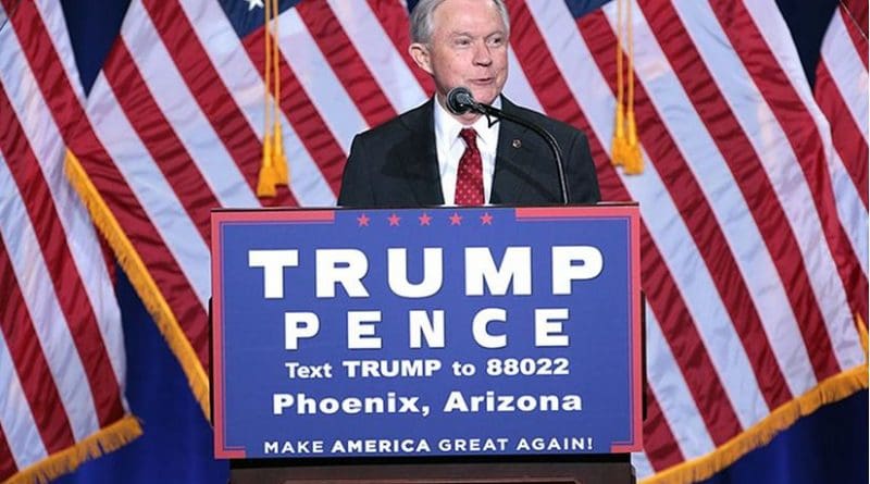 Jeff Sessions speaking at a campaign event for Republican presidential nominee Donald Trump. Photo by Gage Skidmore, Wikipedia Commons.