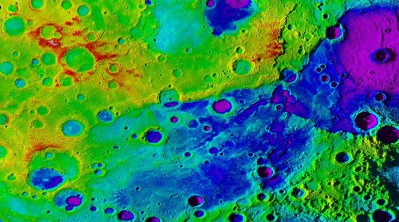 Using colorized topography, Mercury's 'great valley' (dark blue) and Rembrandt impact basin (purple, upper right) are revealed in this high-resolution digital elevation model merged with an image mosaic obtained by NASA's MESSENGER spacecraft. Credit NASA/JHUAPL/Carnegie Institution of Washington/DLR/Smithsonian Institution