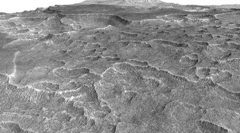 This vertically exaggerated view shows scalloped depressions in a part of Mars where such textures prompted researchers to check for buried ice, using ground-penetrating radar aboard NASA's Mars Reconnaissance Orbiter. They found about as much frozen water as the volume of Lake Superior. Credit NASA/JPL-Caltech/Univ. of Arizona