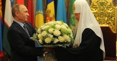 Russian President Vladimir Putin congratulates Patriarch of Moscow and All Russia Kirill on his 70th birthday and awarded him the order “For Services to the Fatherland,” 1st Class. Photo Credit: Kremlin.ru
