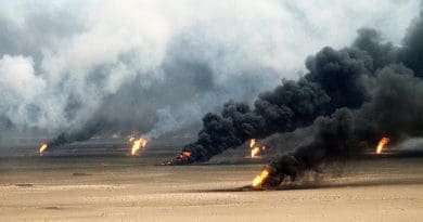 Oil well fires rage outside Kuwait City in the aftermath of Operation Desert Storm. Photo by Tech. Sgt. David McLeod, Wikipedia Commons.