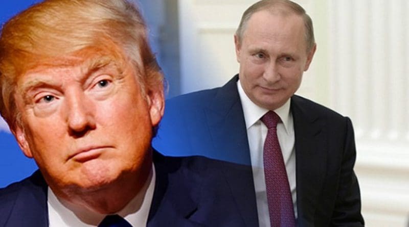 Donald Trump and Vladimir Putin. Photo montage from Wikipedia Commons sources.