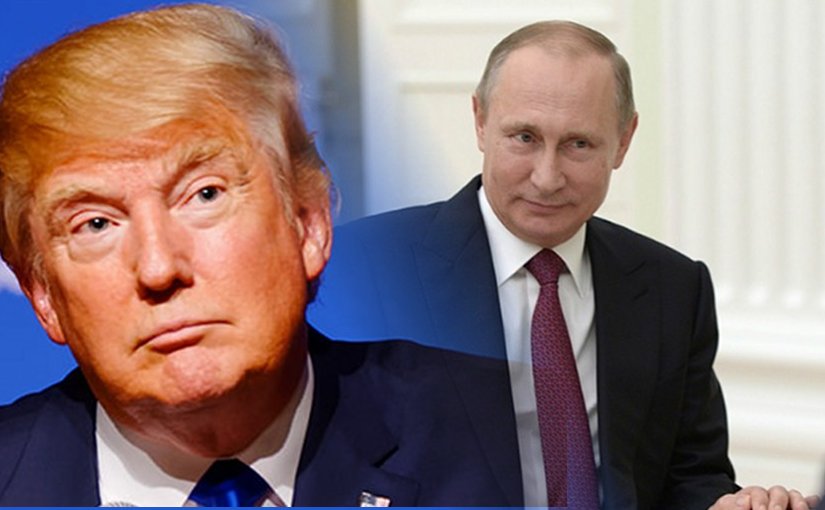 Donald Trump and Vladimir Putin. Photo montage from Wikipedia Commons sources.