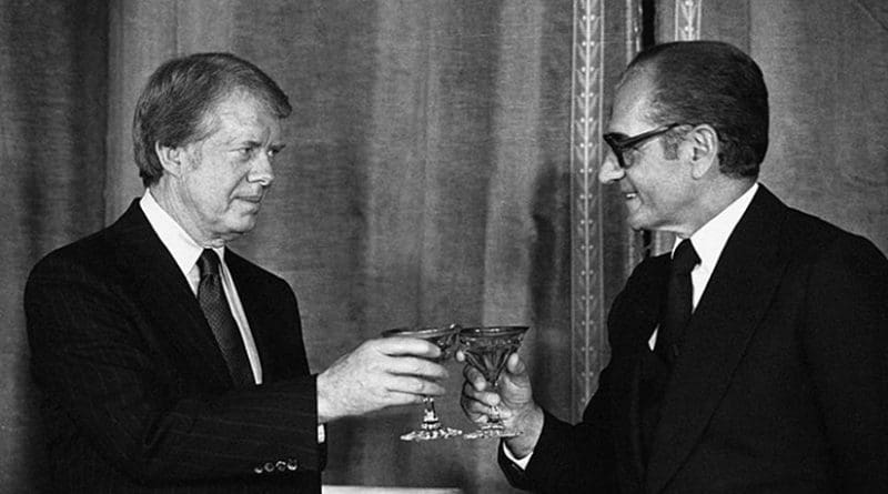 US President Jimmy Carter and Iran's Shah Mohammad Reza Pahlavi in formal dinner in the Niavaran Palace in Tehran, Iran, on 31 December 1977. Source: Wikipedia Commons.