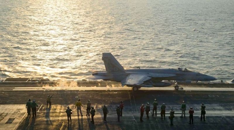 An F/A-18E Super Hornet assigned to the Gunslingers of Strike Fighter Squadron (VFA) 105 launches from the flight deck of the aircraft carrier USS Dwight D. Eisenhower (CVN 69) (Ike). Ike and its Carrier Strike Group are deployed in support of Operation Inherent Resolve, maritime security operations and theater security cooperation efforts in the U.S. 5th Fleet area of operations. (U.S. Navy photo by Petty Officer 3rd Class Nathan T. Beard)